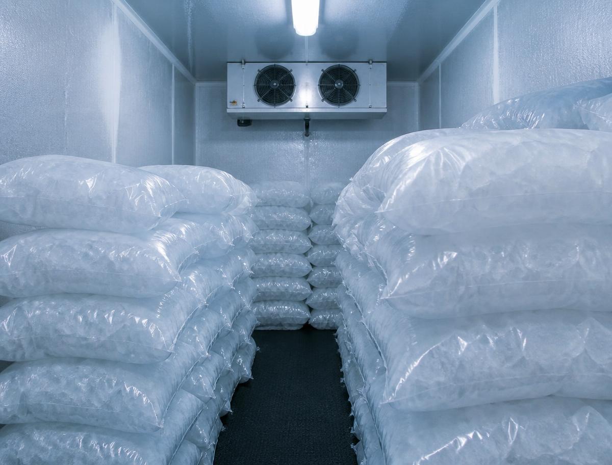 Stacked bags of packaged ice in a commercial freezer