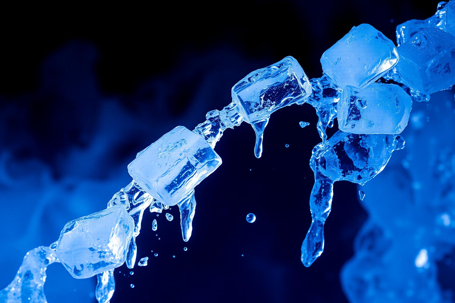 Clear commercial ice cubes in cold blue light